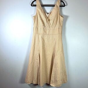 Bandolino Women’s Linen VNeck Striped Side Zip A line Dress Lined Size 12
